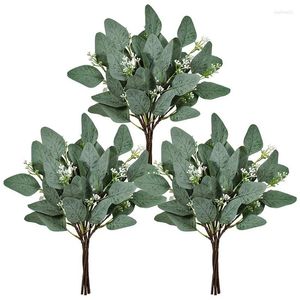 Decorative Flowers 18 Pcs Fake Eucalyptus Leaves Stems Bulk Artificial Oval Branches With Seeds In Grey Green For Wedding