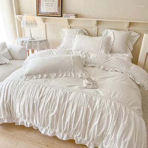 Bedding Sets Imitation Pearl Lace Bow Decorate Luxury Cotton Princess Wedding Pleated Duvet Cover Set Bed Sheet Pillowcases