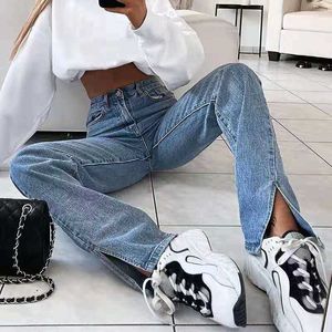 2023 Spring/summer New Straight Split Denim Pants Womens Washed Blue Loose Wide Leg Trendy