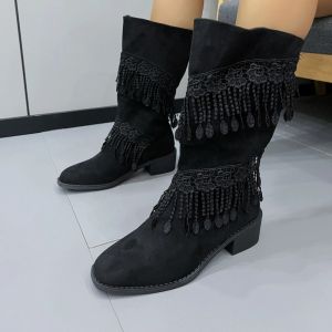 Botlar 2023 Yeni Ayakkabı Kovgağlı Kadın Ayakkabıları Siyah Botlar Flock Tassel Saçakları Batı Kovboy Ayak Bileği Botları Buzlu Kare Topuklar Üzerinde Kaymak