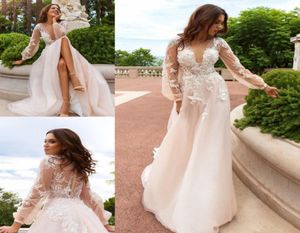 Billiga Bohemian Country Garden Wedding Dresses Plugging Top Illusion Floral Flower Beach Brudklänning Puff Long Sleeve Organza Robes5124625