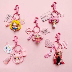 Cute Sailor Moon 3D Model Keychain Key Ring With Colorful Bell Leather Rope for Women Girl Handbag Backpack Key Ring Holder G1019