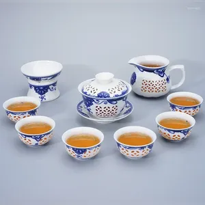 Наборы чайной посуды, сине-белый изысканный чайный сервиз, 1 гайвань, 6 чашек, сотовый чайник, чайник, чашка, фарфоровая китайская посуда для напитков