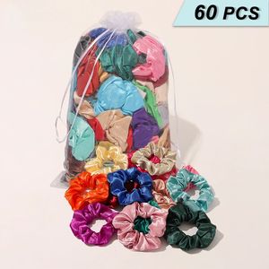 60PcsBag Satin Hair Scrunchies for Women Girls Silk Elastic Ties Headband Black Red Pink Accessories Set 240313