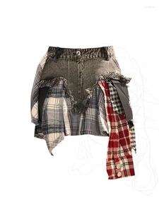 Kjolar koreanska streetwear kvinnor jean mini kjol grunge tjej mode asymmetrisk a-line denim lapptäcke pläd casual chic cyber