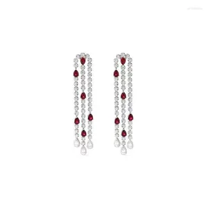 Kolczyki Dangle Zoca 925 Sterling Silver Red Clear Cz Long Link Drop Ear Earring dla kobiet Party Wedding Prezentacja Biżuteria