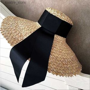 Hüte mit breiter Krempe, Eimerhüte für Damen, klassischer Weizenstrohhut, Sommerkappe, 18 cm großer Sonnenhut mit breiter Krempe, eleganter Floppy-Band-Strandhut, Berufungs-Derby-Hut L240322