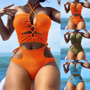 Mulheres Swimwear Sexy Cintura Alta Breasted Oco Out Natação Beachwear 2024 Moda Cor Sólida Verão Praia Banheira Biquíni 2 Peça