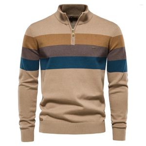 Herrtröjor TPJB-tröja Autumn och vinterhalva hög krage färgmatchande randföretag Casual högkvalitativ stickkläder