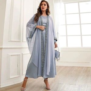 Etniska kläder 2 stycken öppen abaya muslimska kvinnor kimono inner klänning set kalkon arabiska kaftan islamiska eid party ramadan dubai jalabiya caftan