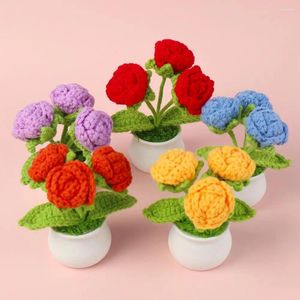 Dekorativa blommor Stickat blommor Decor Realistic Potted Plant Set Handmade virkning för hem Unik födelsedagspresentidé