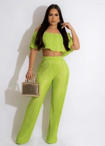 Women's Two Piece Pants WUHE Sexy Pleated Set Butterfly Sleeve Crop Top And Straight Suit 2024 Streetwear Outfit Tracksuit