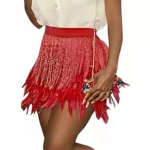 Skirts Women's Sexy Tassel Feather Skirt Fringe Miniskirt Elastic High Waist Mini For Dance Performance Rave Party Latin