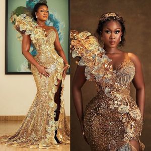 2024 Gold Plus Size Aso Ebi Prom Dresses for Black Women Orvids Evening Dontensed Lace Mermaid Sexy Side Split Birthdy Party Dress Orvice Am584 AM584