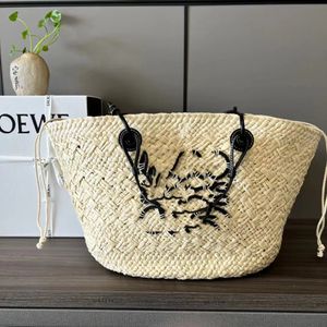 Anagrama Bolsa cesta em couro de bezerro de palma iraca Canastas de iraca palmera y piel de vaca anagrama Ombro ou alça superior carregando bolsa de compras de praia feminina101138