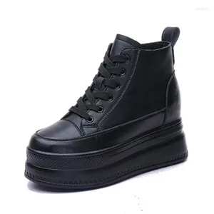 Casual Shoes Women's Ankle Boots Winter Autumn Leather Chunky Shoe Woman Platform Height Increased Sneakers 9CM Thick Sole Wedges Black
