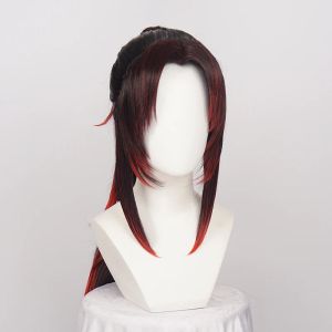 Perücken Synthetisches Kokushibou Cosplay Schwarz Rot Ombre Pferdeschwanz Hitzebeständiges Haar Halloween + Perückenkappe