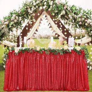 14ft Table Skirt Red Sequins Rectangle Square Round Glitter Tablecloth for Wedding Party Dinner Baby Shower Christmas Decoration 240322