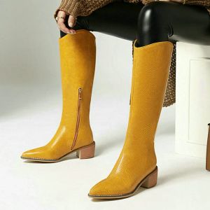 Stiefel 2021 große Größe 3443 Knie hohe Stiefel Dicke Absätze speicherte Zehen Winterstiefel bequeme PU Leder Frauen Stiefel Schwarz Silber Gelb