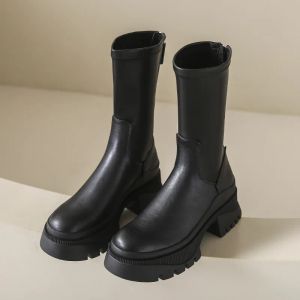 Botas 2023 outono/inverno comprimento médio de espessura botas de salto grosso redondo dedo do pé quente e confortável saltos altos sapatos femininos zíper traseiro