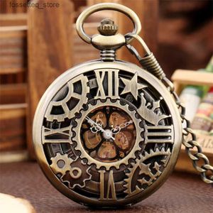 Pocket Watches Bronze Hollow Crown Gear Star Mechanical Hand Winding Pocket Fob Chain Pendant Pocket Clock Gifts Men Women L240322