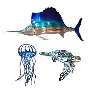 Stickers 3D Swordfish Metal Wall Art Jellyfish Removable Wallsticker Turtle Iron Crafts Fishing Wall Art Sculpture Modern Ornaments Gifts