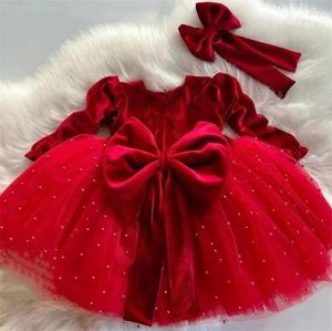 Mädchenkleider Fancy Red Baby Dress Velvet Top Pearls Big Bow Kids Long Sleeves Party Celebrity Birthday With Headbow