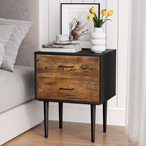 Smart FENDEE Rustic Brown 2 Drawers, 26 Inch High Medieval Modern Coffee Table, Wooden Bedside Table with Solid Wood Legs, Suitable for Bedrooms and Offices