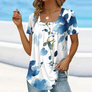 Kvinnors blusar Floral Print T-shirt Square Neck Pleated Front Short Sleeve Pullover Top Ladies Summer Casual for Women 2024