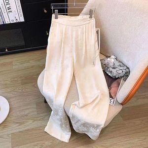 Women's Pants Beige Casual Female Large Size Spring And Summer Fashion Chinese Style Satin Jacquard Hugh Straight Wide-leg