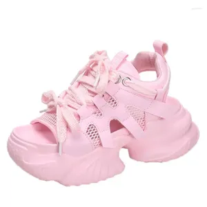Klänningskor rosa mesh andningsbara kvinnor sandaler bekvämt mode sommar 7.5 cm kik tå plattform kil hög dold klackar damer