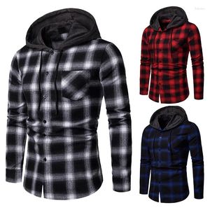 Men's Casual Shirts 2024 Autumn/winter Checkered Patchwork Shirt European Size Hooded Long Sleeved