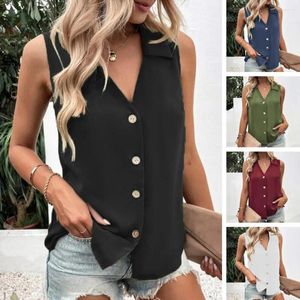 Women's Blouses Oversized V-Neck Sleeveless Button Shirts Vest Casual Solid Color Tank Top Single-breasted Mid Length Female Clothes