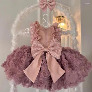 Abiti da ragazza Puffy Baby Dress Dusty Pink Floral Tutu per bambini Vestito da principessa Costume da bambina Primo compleanno con fiocco 12M 24M