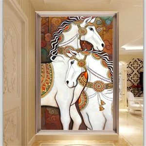 Tapeten Wellyu Benutzerdefinierte Tapete 3D PO Wandbilder Europäische Ölgemälde Luxus Paar Pferd Eingang Papel De Parede