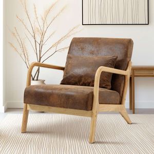 Dolom Modern декоративная деревянная рама, кожаное кресло Crazy Horse с подушкой для талии, кресло для гостиной, спальни, игровой комнаты, домашнего офиса или гостиной, коричневый ПУ
