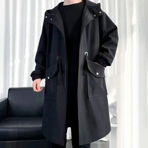 Long Trench Coat Jacket Men Autumn Spring Black Hip Hop Japanese Coats Streetwear Male Hooded Army Green Khaki Casual Jackets 240312