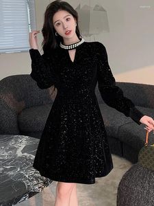 Casual Dresses 2024 Black Sequins Velvet Elegant Diamonds Short Dress Women Korean Vintage Hepburn Autumn Winter Fashion Kawaii