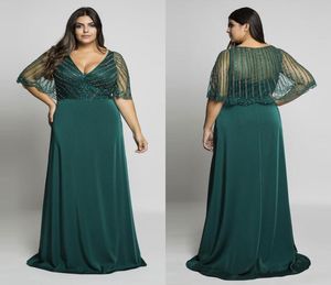 Hunter Green Beading Plus Size Prom -klänningar Vneck aftonklänningar med wrap Aline golvlängd lång formell klänning3060000