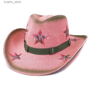 Wide Brim Hats Bucket Hats Western Style Cowboy Straw Hat Women Men Spring Summer Outdoor Large Brim Seaside Beach Sun Protection Hat with Star Printed L240322