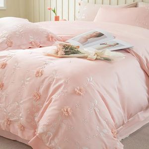 Bedding Sets 3D Lace Flowers Embroidery Luxury Pink Princess Cotton Duvet Cover Fitted Bed Sheet Pillowcases Home Textile