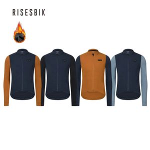 RISESBIK Winter Mens Cycling Clothing Thermal Fleece Cycling Jersey Zipper Pocket Softshell Windproof Cycling Jacket Men 240318