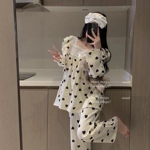 Herz Print Nachtwäsche Frauen Pyjama Sets Quadratischen Kragen Hosen Sets 2 Stück Piiama Koreanische Schlafen Volle Hülse Sping Nacht Trägt 240322