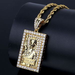 Hip Hop Vintage Lady Liberty Anhänger Halskette voller 5A Zirkon 18k echtes Gold vergoldet Frauen Männer Schmuck Geschenk