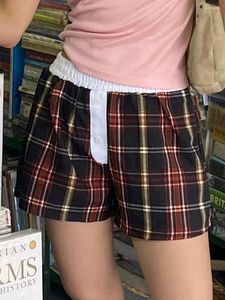 Shorts femininos y2k moda solta 00s retro cintura alta elástica xadrez calças curtas botão verão casual harajuku streetwear