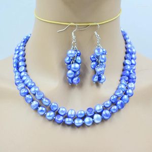 Halskette-Ohrringe-Set, 2 Reihen, 8 mm, Königsblau, natürliche Barockperlen-Ohrringe.Das schönste Geschenk für Damen