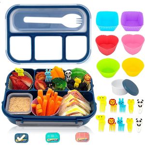 Bento Lunch Box For Kids Adult 4 Compartment Containers With Fun Accessories Silicone Food Cake Cups 240312
