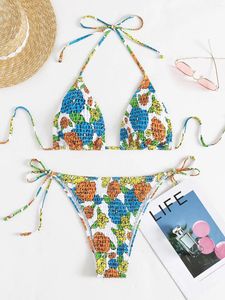 Women's Swimwear Sexy Floral Print Wrinkled String Micro Bikini Sets Two Pieces 2024 Women Thong Swimsuit Female Bathing Suit Biquini