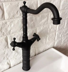Banyo lavabo musluklar uzun boylu siyah yağ ovulmuş pirinç döner spout çift çapraz kollar mutfak çubuğu kap musluk mikser musluk ANF343