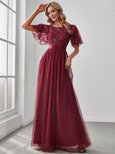 Abiti da sera eleganti stampa paillettes maxi lunghi con maniche ad aletta A-LINE 2024 Ever Pretty of Borgogna Garza Abiti da ballo delle donne 240323